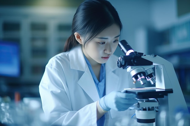 A woman in a lab coat looks through a microscope.