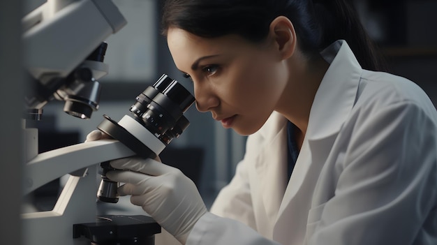 A woman in a lab coat looks through a microscope.