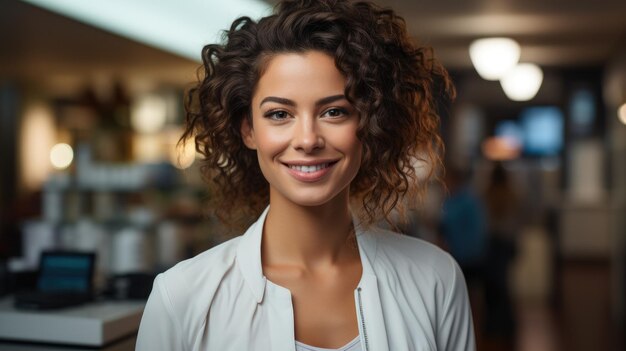 A woman in a lab coat she stands in front of a wellorganized pharmacy shelf