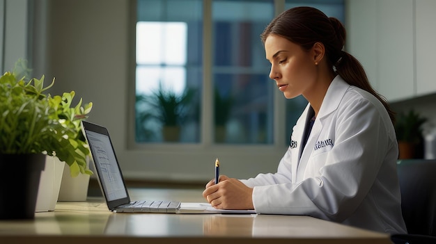 a woman in a lab coat sits at a desk with a laptop and pen