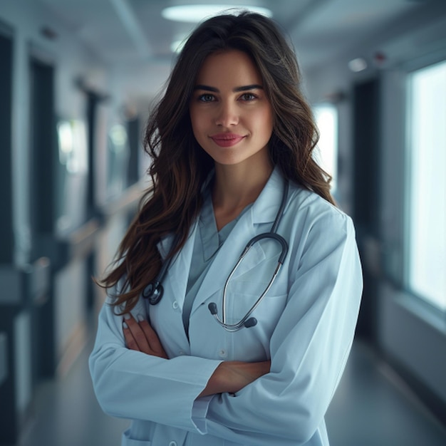 a woman in a lab coat stands in a corridor with her arms crossed