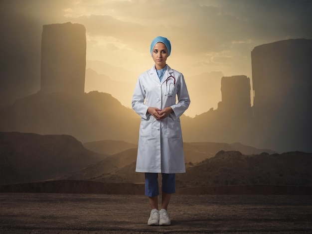 a woman in a lab coat stands in front of a cityscape