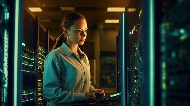 A woman in a lab coat stands in front of a computer screen with the words data center on the screen.