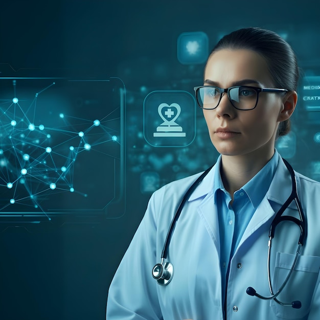 a woman in a lab coat stands in front of a graphic of a social network