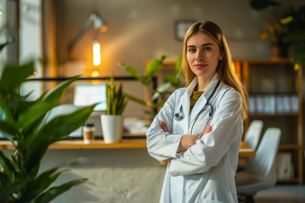 a woman in a lab coat stands in front of a plant