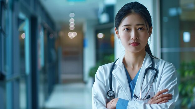 a woman in a lab coat stands in a hallway with a stethoscope on her neck