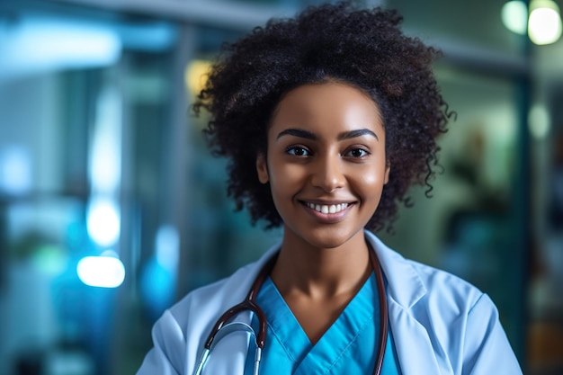 A woman in a lab coat and stethoscope stands in front of a hospital door.