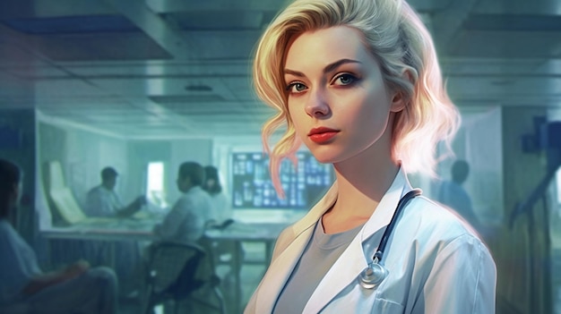 A woman in a lab coat with a man in the background.