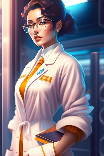 A woman in a lab coat with the name of the company on it.