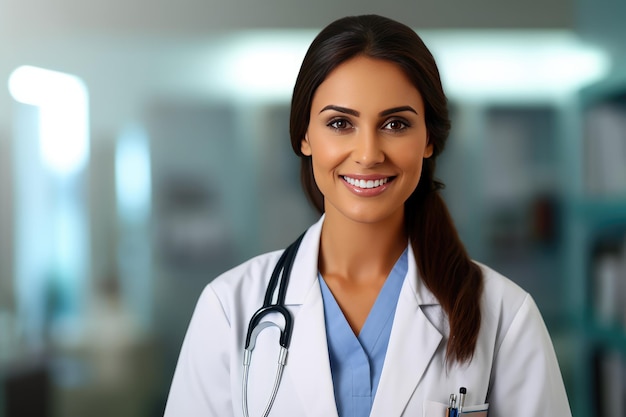 A woman in a lab coat with a stethoscope around her neck smiles at the camera.