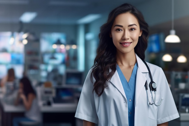 A woman in a lab coat with a stethoscope around her neck stands in a hospital room.