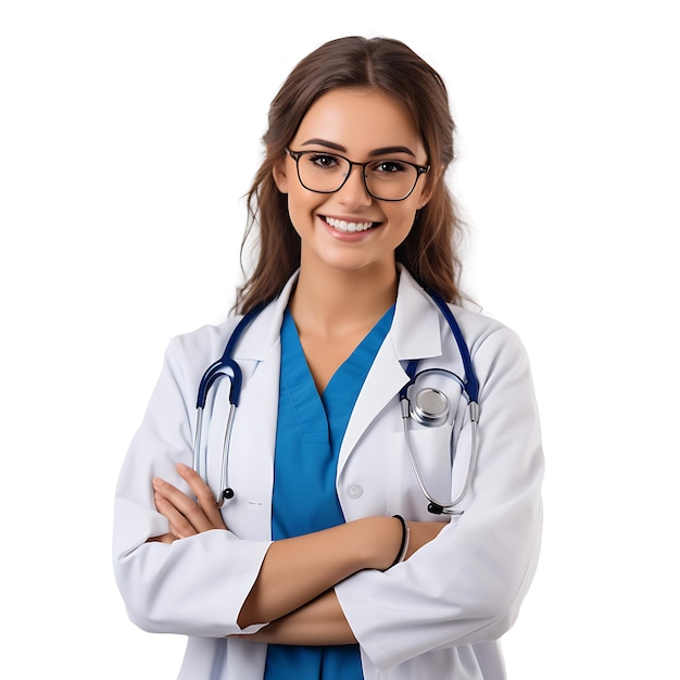 A woman in a lab coat with a stethoscope on her neck smiles at the camera.