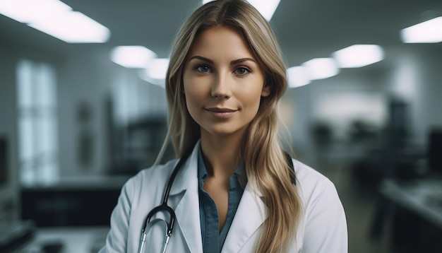 A woman in a lab coat with a stethoscope on her neck stands in a dark room.