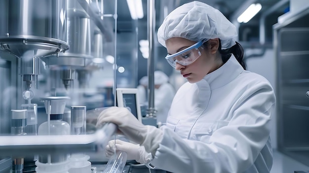 Woman in Lab Coat Working with Equipment in a Modern Pharmaceutical Factory Photo