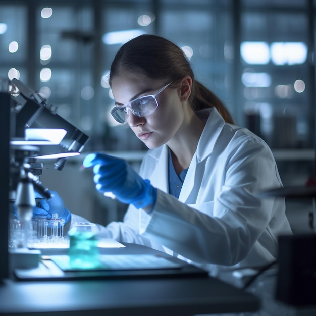 A woman in a lab coat works with a microscope.