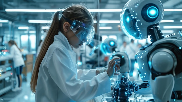 a woman in a lab with a blue background and a microscope