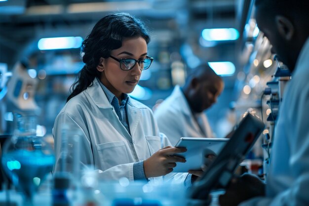 a woman in a lab with a digital tablet in front of her