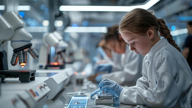 a woman in a lab with a lab coat and a lab coat on