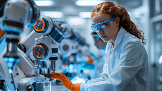 a woman in a lab with a microscope and a blue plastic mask