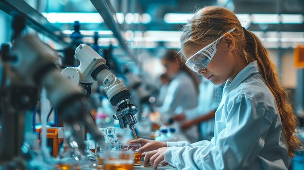 a woman in a lab with a microscope and a bottle of liquid