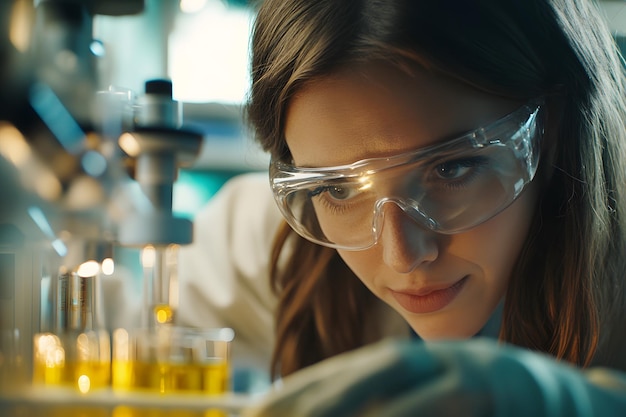 a woman in a lab with a test tube and a test tube of liquid