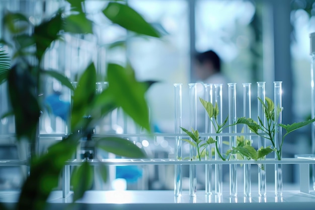 A woman in a laboratory works with blue liquid and green plants conducting research in biotechnology pharmaceuticals and natural medicine