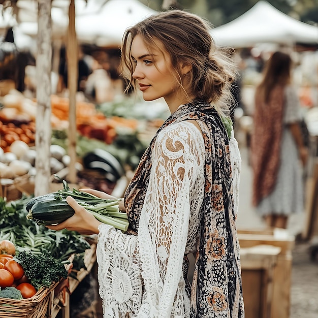 Photo woman in a lace top holding a bunch of vegetables at a market