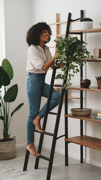 Photo woman on ladder with houseplant near shelves at home