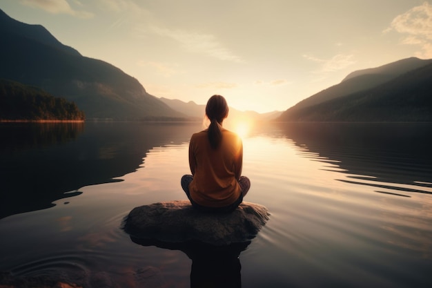 Woman lake meditation Person relax view Generate Ai