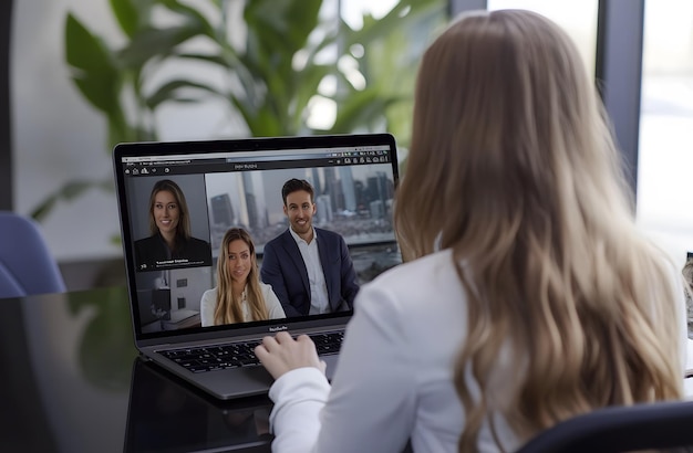 Photo woman on laptop video meeting with team