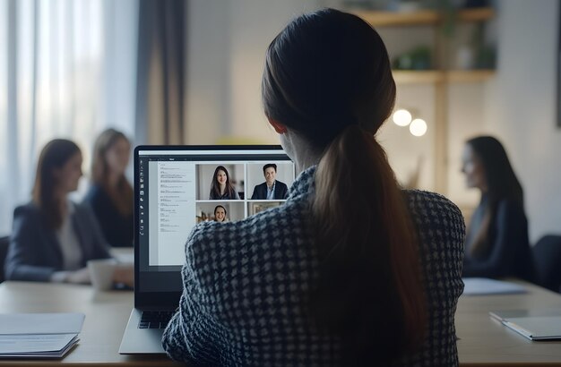 Photo woman on laptop video meeting with team