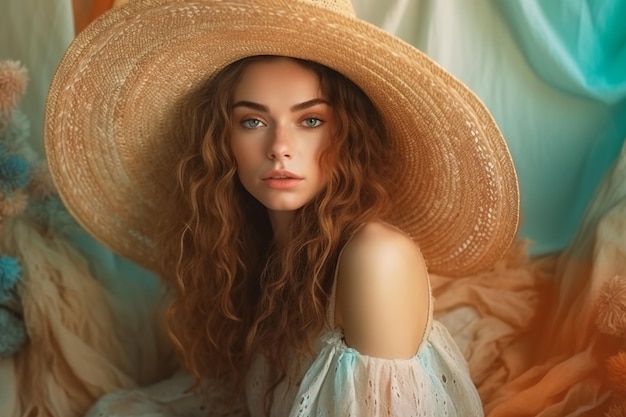 A woman in a large hat with a blue eyes sits on a bed.