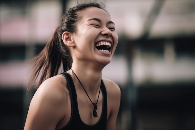 A woman laughing with a black shirt