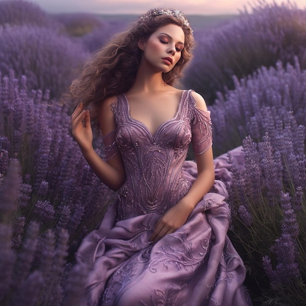 Woman in lavender flowers field at sunset in purple dress