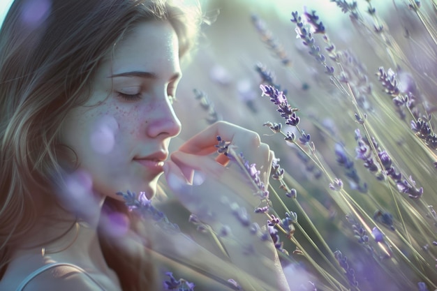 Woman Lavender A Girls Hand Touching Lavandula Flower in Nature