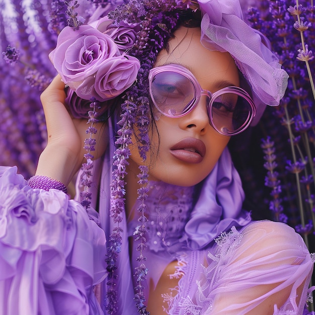 A woman in a lavender outfit poses on a lavender field