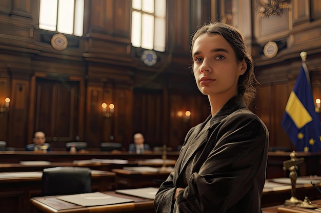 woman lawyer standing in an european union trial