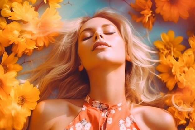 A woman laying in a bed of flowers with her eyes closed.