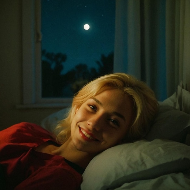 a woman laying in bed with a full moon in the background