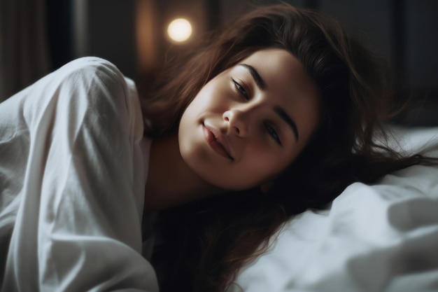 A woman laying in bed with her eyes closed and her eyes closed.