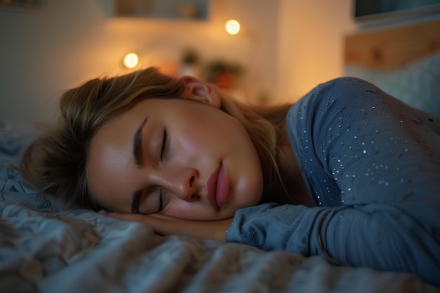 A woman laying on a bed with her eyes closed