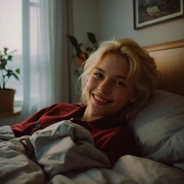 a woman laying in bed with a picture of a plant in the background