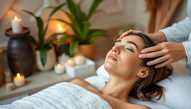 a woman laying in bed with a towel on her head