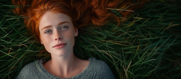 Photo a woman laying on a blanket with long red hair