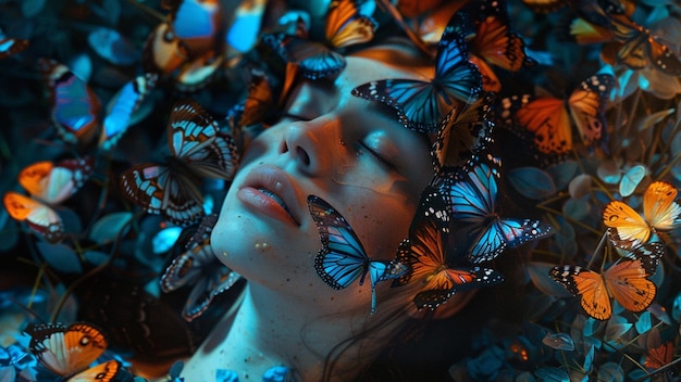 a woman laying down surrounded by butterflies