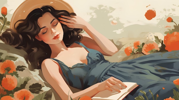 woman laying on grass reading a book Woman laying in the flower field illustration