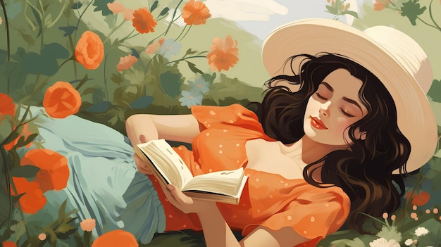 woman laying on grass reading a book Woman laying in the flower field illustration