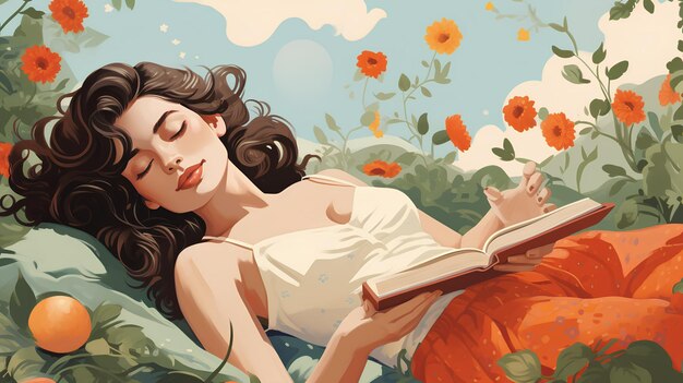 woman laying on grass reading a book Woman laying in the flower field illustration