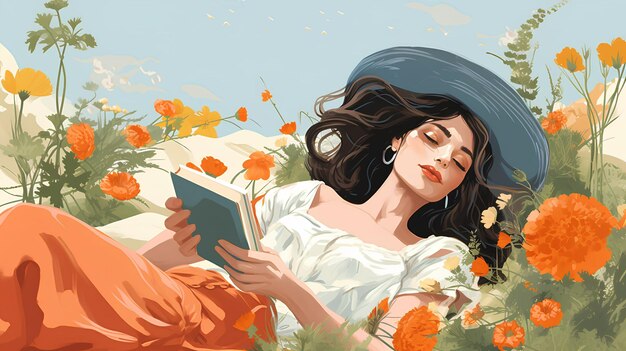 woman laying on grass reading a book Woman laying in the flower field illustration