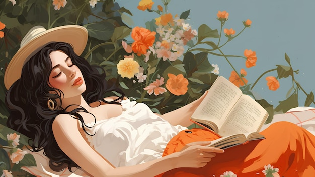 woman laying on grass reading a book Woman laying in the flower field illustration